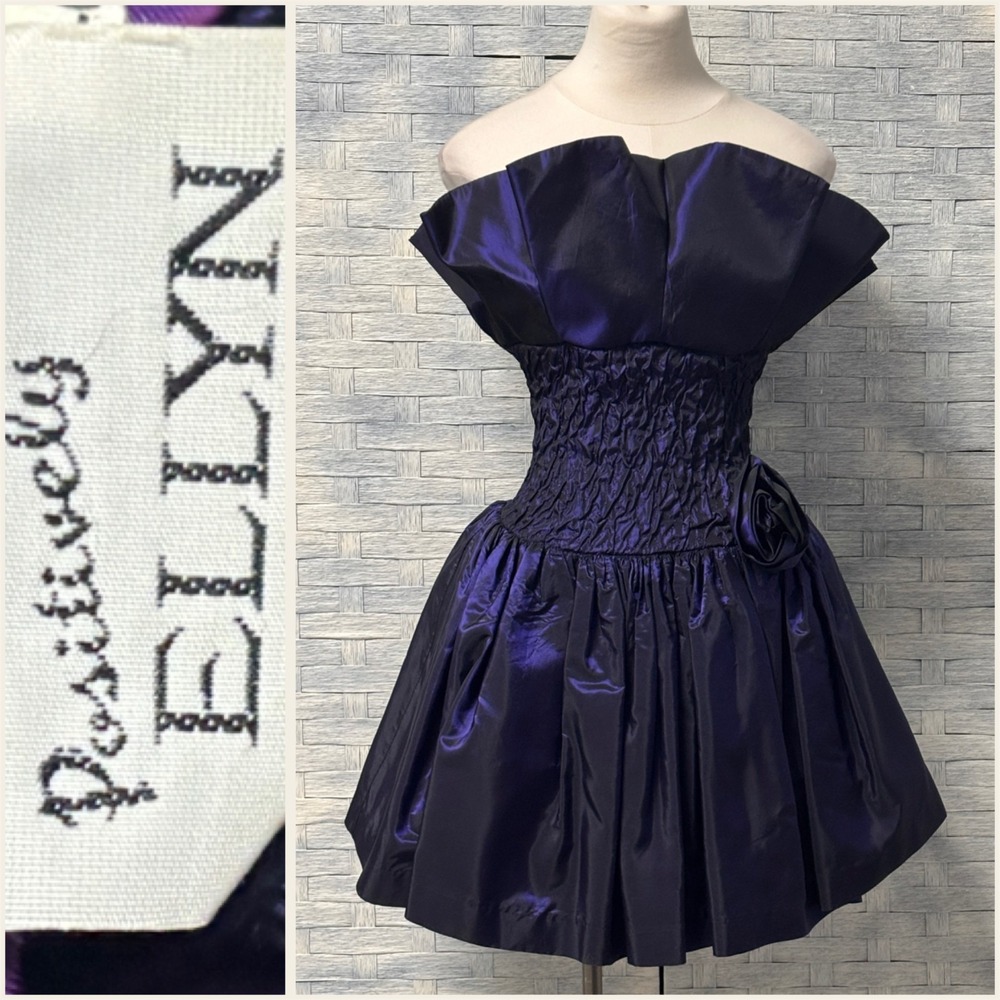 Vtg Positively Ellyn Ruched Bodice Party Dress Rose Detail Metalic Purple‎ 5/6